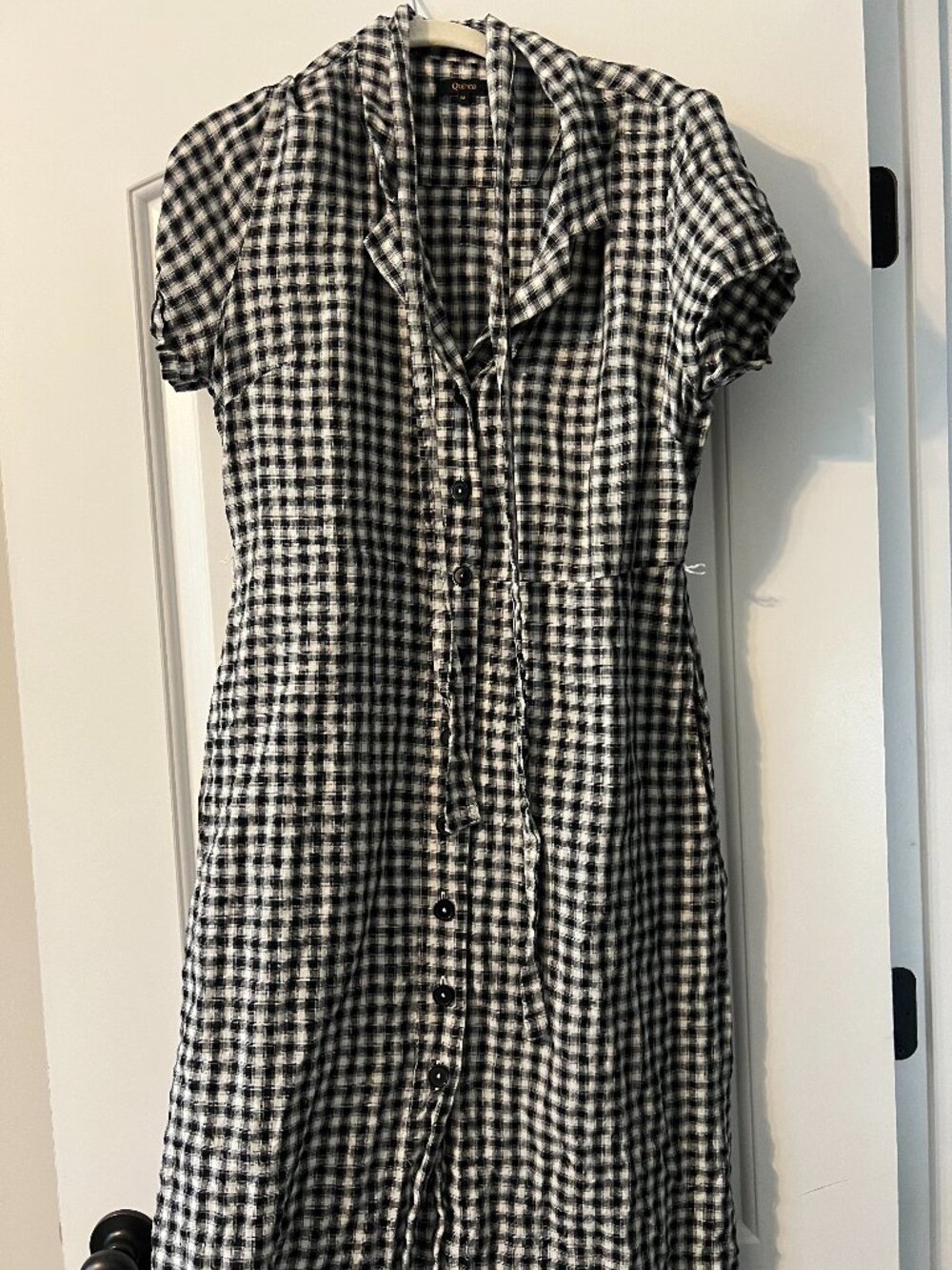 Quince European Linen Button Front Dress in Black/White Gingham Check Size M